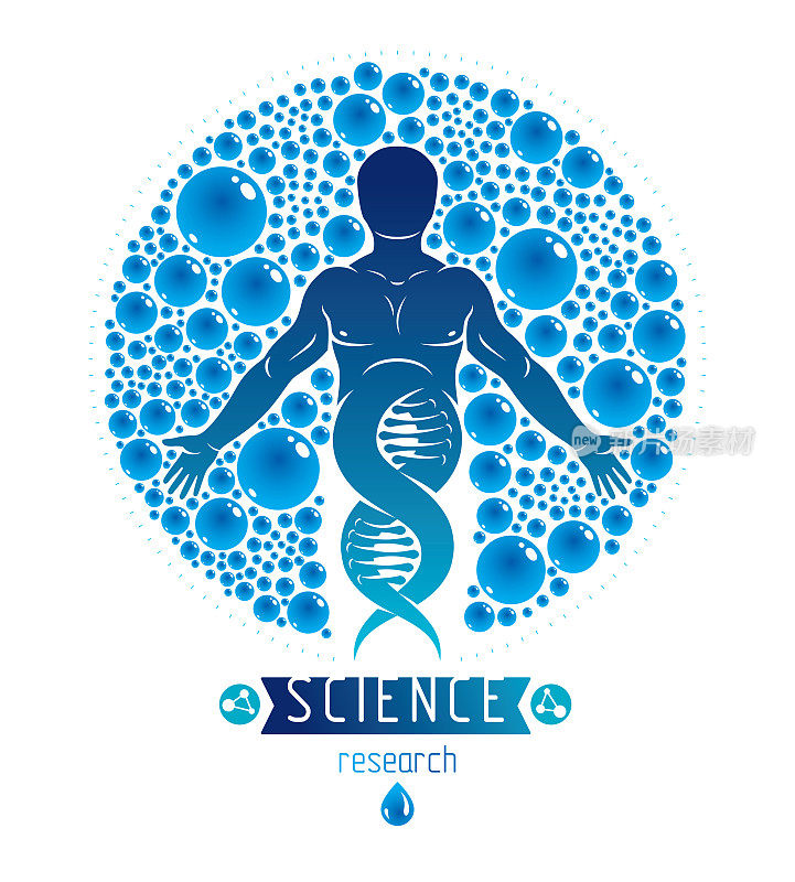Vector graphic illustration of strong male created as scientific model of human DNA and surrounded by a water ball. Environment conservation and protection.